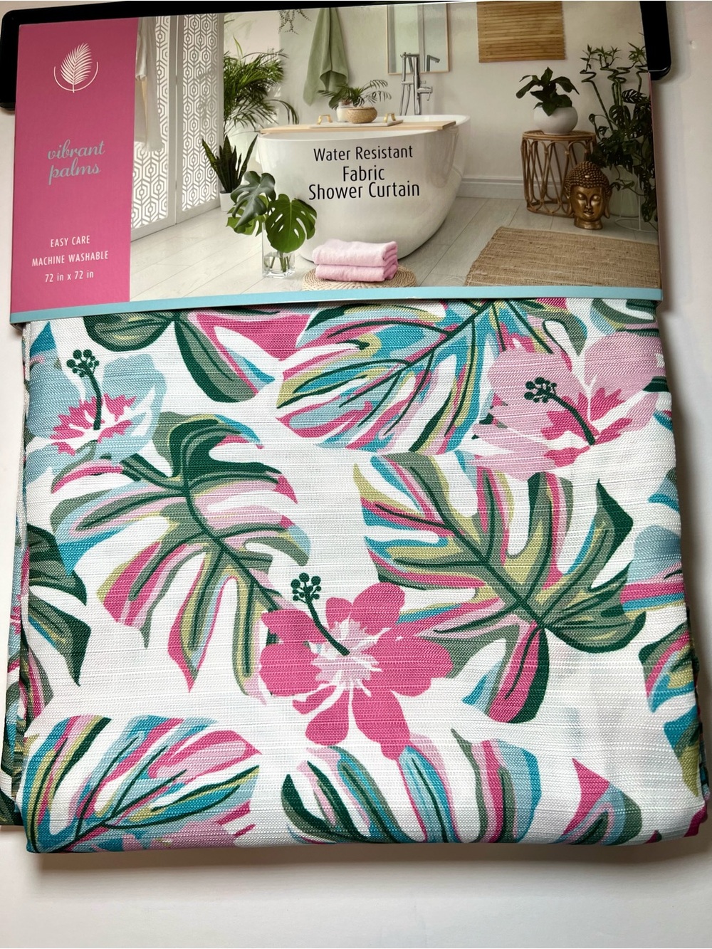 Vibrant Palms Fabric Shower Curtain Pink Blue Green Palm Fronds Hibiscus Flowers